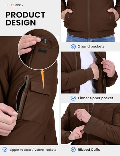 Image of TBMPOY Men's Winter Bomber Jacket Fall Casual Windbreaker Softshell Jackets | Quilted full zip coats, 5 pockets, water resistant, warm, windproof, stand-up collar, for outdoor, hiking, work, business