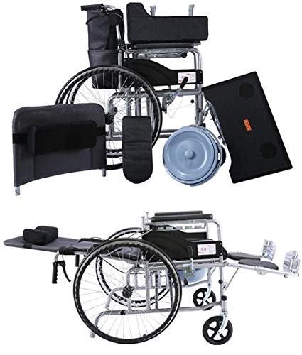 Silla de ruedas plegable, ligera, reclinable ajustable de 6 posiciones, freno de mano doble, acero de alto carbono, portátil con fácil almacenamiento