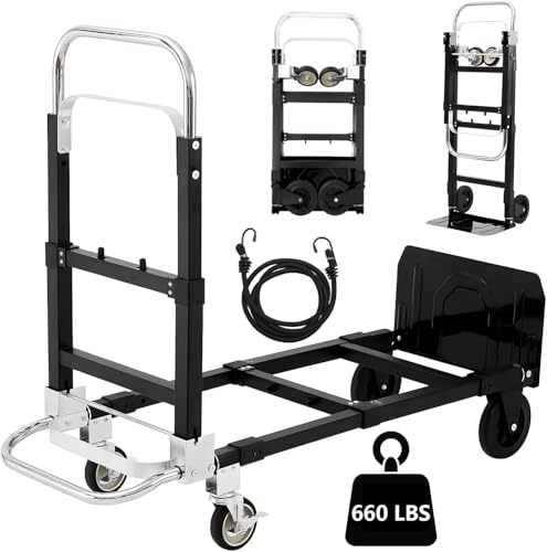 SST Upgraded Folding Hand Truck Dolly Cart, 660 LB Heavy Duty Luggage Cart, 3 in 1 Folding Hand Cart with Wheels and Bungee Cords for Moving Travel Shopping Airport Office