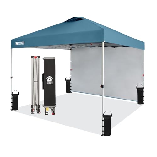 CROWN SHADES 10x10 Pop Up Canopy with 1 Side Wall - Beach Tent with One Push Setup - Outdoor Sun Shade for Events, Parties, Camping - Gazebo with STO-N-Go Cover Bag (Cyan Blue)