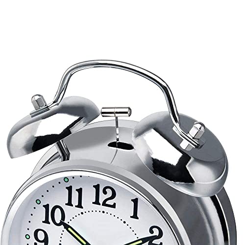 Image of Vintage Classic Twin Bell Table Top Alarm Clock, Silver, with LED Night Light Display, for Bedroom, Adults, Kids and Students