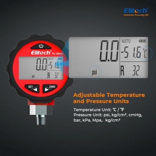 Elitech PG-30Pro Digitale Kältemittel-Druckmessgerät mit Hintergrundbeleuchtung | 88+ Kältemittel | 0-500 PSI (0-3,4 MPa) | 1/8 NPT | Kompatibel mit Manifold-Manometer | Rot