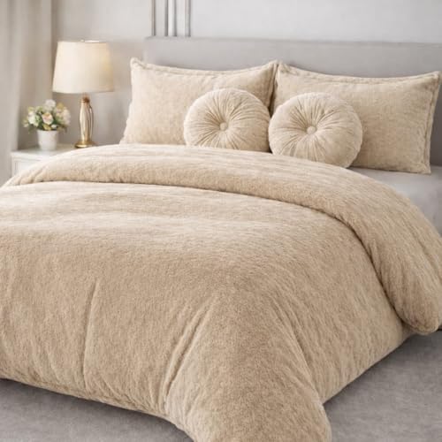 Image of Sands Luxurious 6Pc Bedding Set for Winter, 1 Double Duvet Cover,1 Double Bed bedsheet, 2 Pillow Covers, 2 Round Cushions, Ultra Soft Woollen Bedsheet Set- 90X100 inches (Beige)