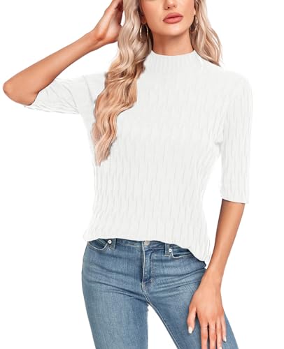 Image of MINTLIMIT Womens Turtleneck Sweaters Short Sleeve 2024 Fall Winter Casual Texture Shirt Blouse Knit Pullover Sweater