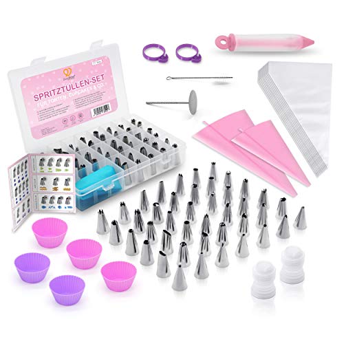 GoodBake Spritztüllen Set XXL 77-tlg. Spritzbeutel mit Tüllen aus Edelstahl, 42 Aufsätze, 5 Cupcake Förmchen