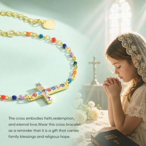 Cross Bracelet for Girls, 14K Gold Plated Christian Jewelry, Colorful Beads - image 6