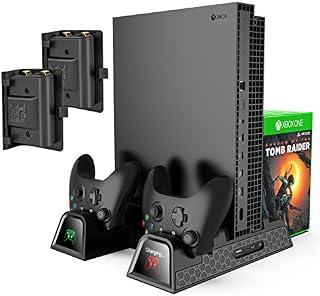 KINGTOP Vertical Stand with Cooling Fans, Dual Controller Charging Station, Game Storage, 2 Rechargeable Battery Pack for Xbox One X/Xbox One S/Xbox One Elite/Xbox One Console & Controllers