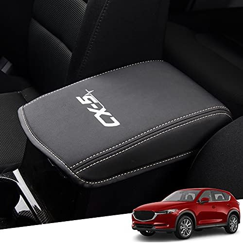Great-luck Leather Center Console Cover Armrest Pad Protector Armrest Box Cover (Black with white Stitches) for Mazda CX-5/CX5 2017 2018 2019 2020 2021