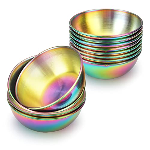DINYWOW 12pcs Sauce Dishes 3.2 Inch Stainless Steel Round Seasoning Dishes Bowls Condiment Cups Sushi Dipping Small Dish Bowl Saucers Mini Appetizer Plates Rainbow color