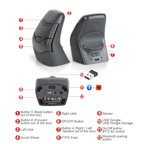 Ratón inalámbrico ergonómico vertical recargable DXT gris con Bluetooth y 2.4G 6