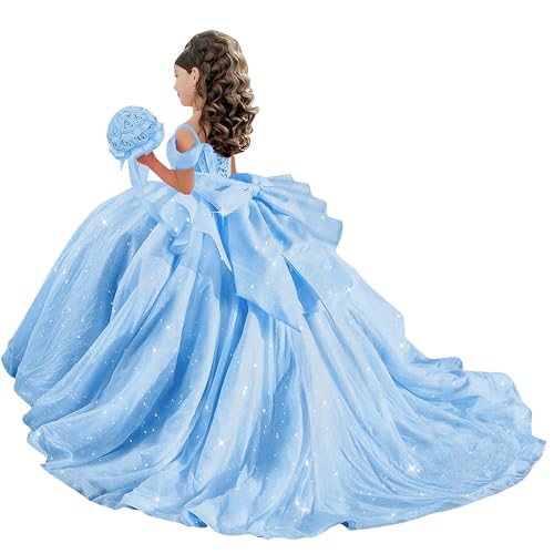 FHPKGE Off Shoulder Crystal Sky Blue Girls Pageant Dress Beaded Sparkly Flower Girl Dresses with Train Tulle Layered Ball Gown Dresses for Girls Size 2