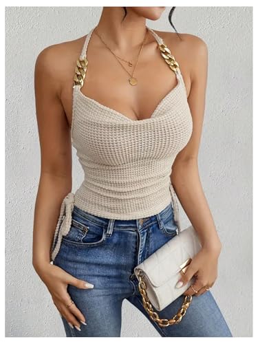OYOANGLE Women's Metal Strap Ruched Tie Back Halter Tops Sleeveless Waffle Knit Tie Side Cami Tops4