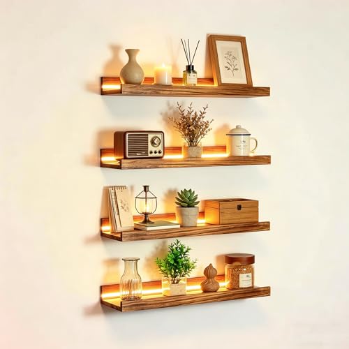 Floating Shelves with lights Wall Shelves for Decor Wall Mounted Wood Storage Shelf with Lip Book Shelves for Home,Bedroom, Living Room, Bathroom, Kitchen, Nursery, Display Picture Ledge Shelf 4pcs