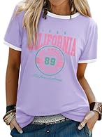 Features: Women's California letter short sleeve T-shirt with white border, ladies round neck loose graphic printed top, women's summer loose casual daily shirt. Material: Ladies top is made of comfortable blended cotton. 95% cotton, 5% spandex. Soft...