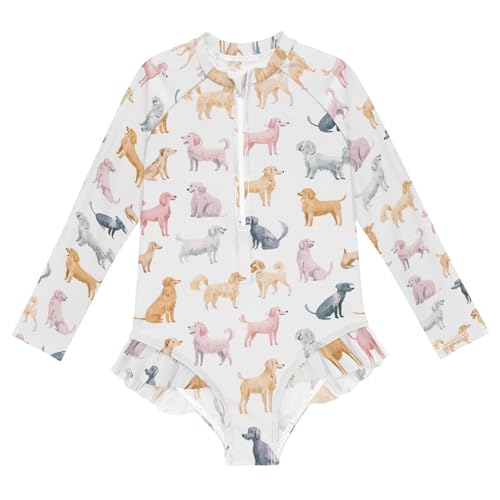 Cute Dog Pattern Girls Long Sleeve Swimsuit Rash Guard One Piece Bathing Suits Zipper 3-12T