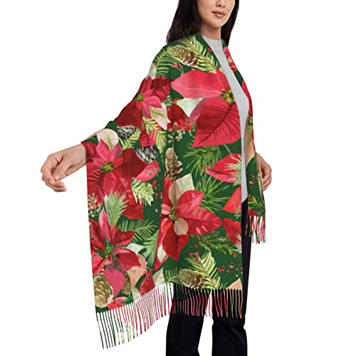 Poinsettia Christmas Flower Winter Soft Scarf For Women Casual Warm Tassel Shawls3