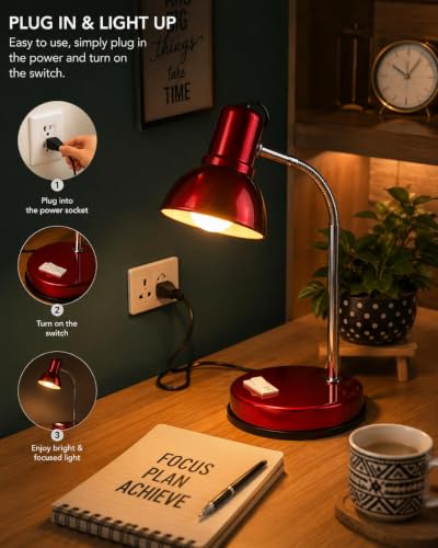 Image of LED Red Desk Lamp for Study Table | Adjustable Metal Reading Lamp with Flexible Neck | Eye Care Table Light for Students, Bedroom, Office & Work Desk