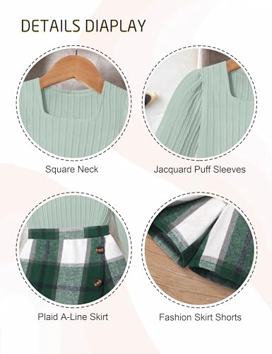 Image of AGAPENG Girl Skirt Sets 3 Piece Outfits Square Neck Jacquard Puff Sleeve Tops Plaid Mini Skirt Shorts Fall Winter Clothes