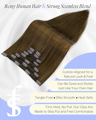 Image of Full Shine Dark Brown Clip in Hair Extensions Human Hair, 16 Inch 135g 7Pcs | Invisible Clip Ins for Natural Volume, Soft Straight Lightweight Hair Extensions for Thin Hair, Comfortable Daily Wear