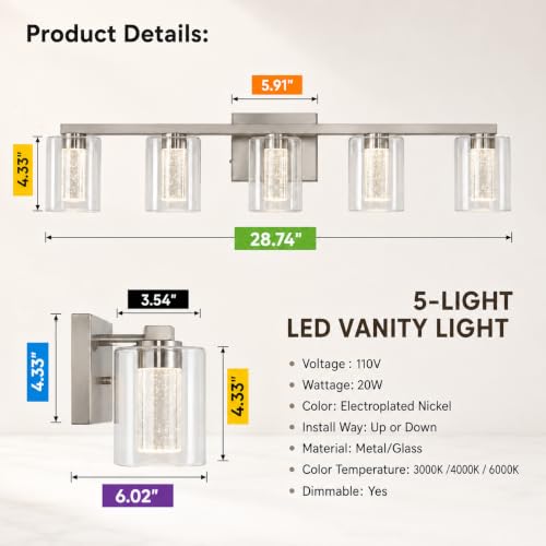 Image of 5-Light LED Vanity Light Fixtures for Bathroom,Electroplated Nickel