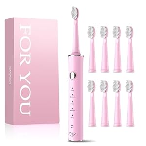 JTF Sonic Electric Toothbrush for Adults, 2 Hours Fast Charge for 45 Days, 8 Brush Heads, 5 Modes, 2-Min Timer, IPX7 Waterproof Rechargeable Toothbrushes for Home Travel(Pink)