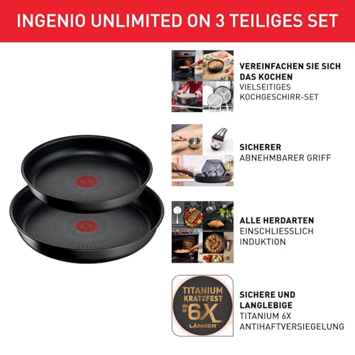 Tefal Ingenio Unlimited On 3-teiliges Pfannenset abnehmbarer Griff, 24/28 cm, platzsparend, stapelbar, Pfannenset Induktion mit Antihaftversiegelung, einfache Handhabung und Reinigung, L39591 2
