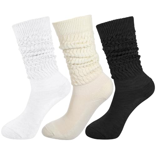 Image of Yolev Women's 3 Pairs Slouch Socks - Knee High Scrunch Socks - Cotton Knit - Extra Long - Soft - High Boot Socks (Black, White, Ice Cream Color) - One Size Fits Most (US 5-11)