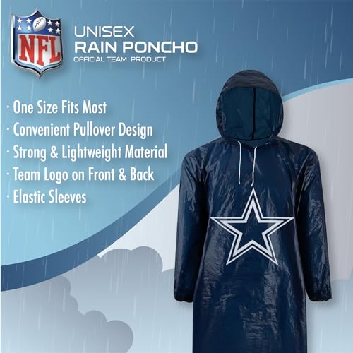 Image of NFL Waterproof Rain Poncho for Adults, Sporty, Elastic Sleeves and Drawstring Hood, Unisex Rain Coat