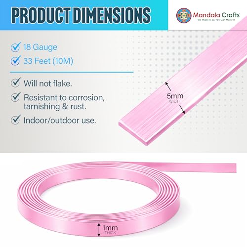 Image of Mandala Crafts 5mm Pink Flat Aluminum Crafting Wire for Sculpting | 33 FT, Anodized, Colored, Tarnish Resistant, Bendable, Flexible, for Jewelry Making, Bezel, Bonsai, Armature, Outdoor
