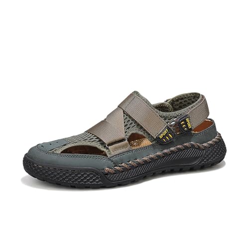 Men's Mesh Cutout Hook and Loop Fisherman Sandals Comfort Non Slip Lightweight Hand Stitching Beach Sandals Casual Wading Outdoor Sandals