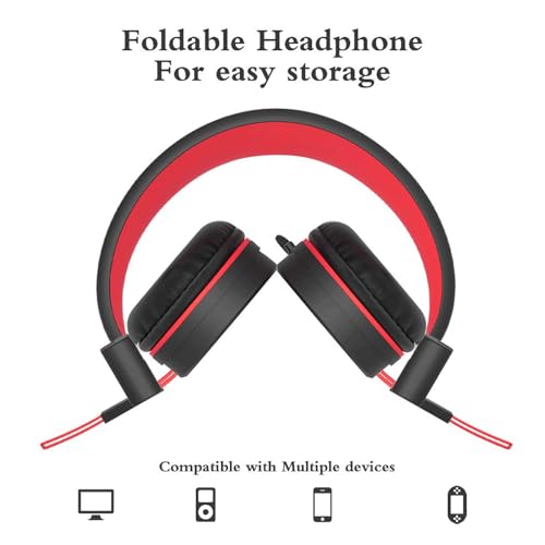 Image of ELECDER i37 Kids Headphones for School Children Girls Boys Teens, Red | Foldable Adjustable Lightweight, 3.5mm Audio Jack On Ear Headphones for Smartphones Chromebook Computer PC Tablets Travel