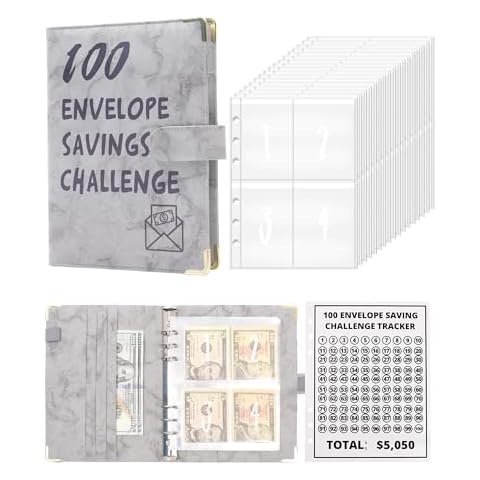 100 Envelopes Money Saving Challenge Binder - A5 Money Saving Budget Binder Easy and Fun Way to Save $5,050 Savings Challenges Book with Envelopes (Gray) Cover