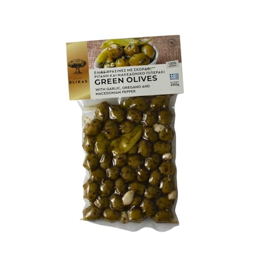 Blikas | Grüne Oliven mit Oregano, Knoblauch & grüner Chili, eingelegt – 2 x 250g (500g) | Griechische Oliven, würzig