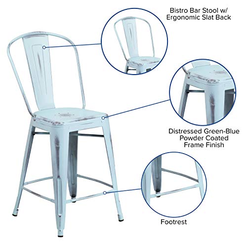 Flash Furniture Blake Commercial Grade 4 Pack 24" High Distressed Green-Blue Metal Indoor-Outdoor Counter Height Stool with Back - Image 5