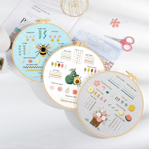 UXORSN 3 Sets Embroidery Kit for Beginners Adults Cross Stitch Starter Kits Learn 28 Different Basic Stitches Practice Kit Including Fabric with Stamped Pattern Threads Needles Hoop Video Tutorials - Image 4