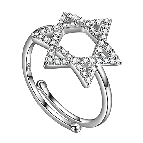 Jewmon Adjustable Jewish Star of David Ring for Women 925 Sterling Silver Cubic Zirconia Iced Star of David Jewish Ring Open Finger Ring Protection Amulet Jewelry Birthday Christmas Gifts for Women