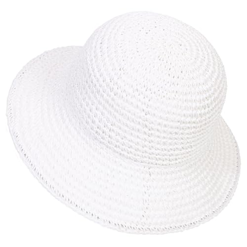 Womens Sun Hat Handmade Crochet Straw Bucket for Summer Foldable Travel Cap(White)