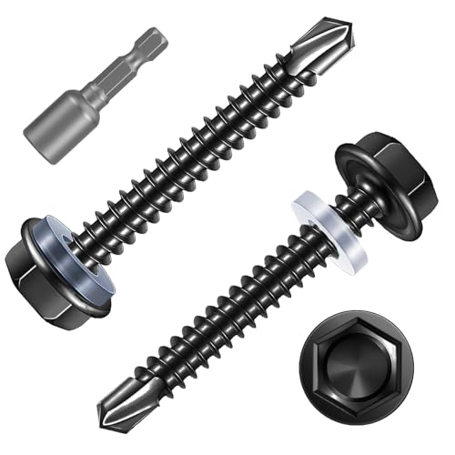 FandWay 30 Pcs Hex Head Self Drilling Screws for Metal,M6.3x63mm Self Tapping Sheet Metal Tek Screws,410 Stainless Steel Black Coating Hex Drive With 1 Bits for Steel/Wood/Plastic.