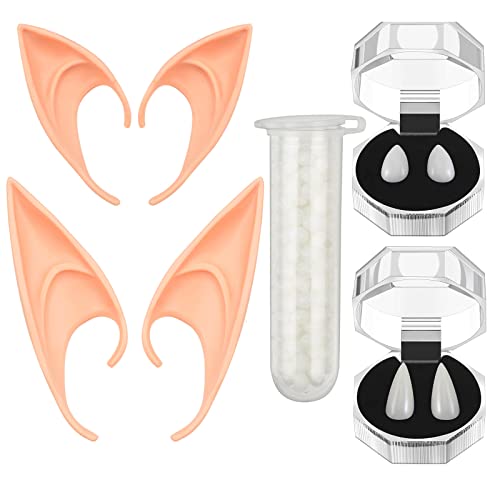 Jadyon 2 Paar Vampir Zahnersatz mit 1 Rohr Zähne Pellets Klebstoff + 2 Paar Elfenohren, Latex Elf Ears Vampir Zähne Ohren Elfenohren für Cosplay Party Requisiten Halloween Party Zähne (Rosa) Cover