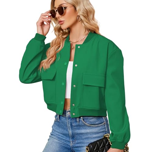 Zando Green Spring Jackets for Women 2026 - Green Bomber Jacket Women Button Down Cropped Jackets Womens with Side Pockets Long Sleeve Varsity Jacket Womens for Daily Outdoor Travel Party School L