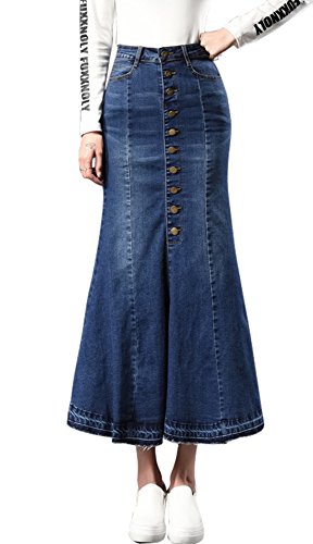 chouyatou Women's Casual Stretch High Waisted Front Button Long Denim Mermaid Skirt (X-Large, Blue)
