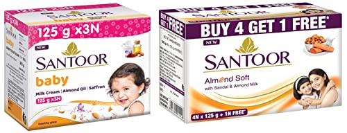 Image of Santoor Baby Soap with Milk Cream, Saffron and Almond Oil, 125g (Pack of 3) & Santoor Sandal and Almond Milk Soap (Buy 4 Get 1 Free 125g each)