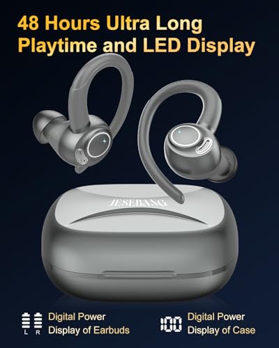 Image of Wireless Earbuds, Bluetooth 5.4 Headphones Sport, Over Ear Buds with ENC Noise Cancelling Mic, 48H, Wireless Earphone with Earhooks, Stereo Deep Bass, IP7 Waterproof Ear Bud for Workout Running, Grey