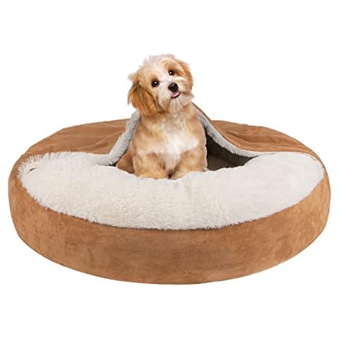 MICOOYO Covered Dog Bed Medium, Donut Camling Dog Beds for Medium Dogs with Hooded Blankets, Round Cuddler Pet Beds for Puppy Cats Washable (Khaki, 27 inch) Cover