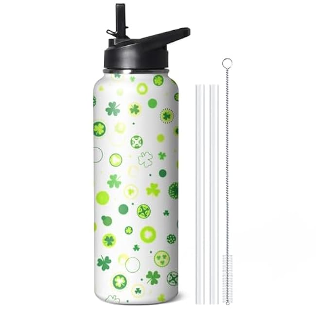40oz St Patricks Day Water Bottle with Handle and Flip Straw, Green Irish Shamrocks Stainless Steel Insulated Cup, Travel Coffee Mug Tumbler, Gifts for Women Men