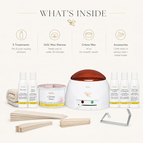 Image of GiGi Creme Wax Hair Removal Waxing Kit, Wax Warmer for Face, Body & Eyebrow | Complete Starter Kit, 14 oz Honee Creme, Mini Heater, Pre-Treatment Lotions, Wax Muslin Strips, Small and Large Applicators