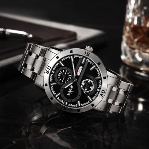 Image of Matrix Superior Analog Watch for Men | Black, Blue, Green & White Dial Stainless Steel Chain Strap Watch | Day & Date Display | Quartz Movement | Stylish Casual & Formal Wrist Watch for Boys & Men