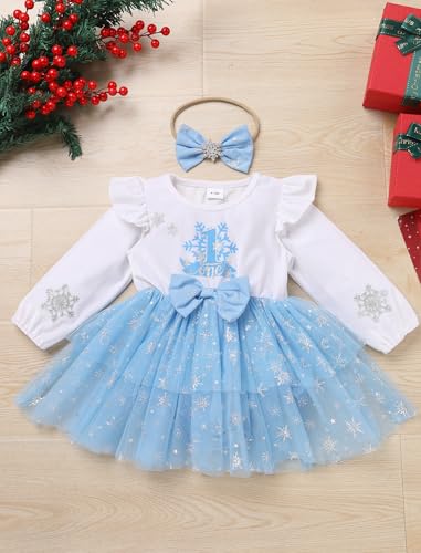 OBEEII Baby Girl First Christmas Velvet Tulle Dress Long Sleeve Sparkle Snowflake Tiered Dress 1st Birthday Cake Smash Outfit2