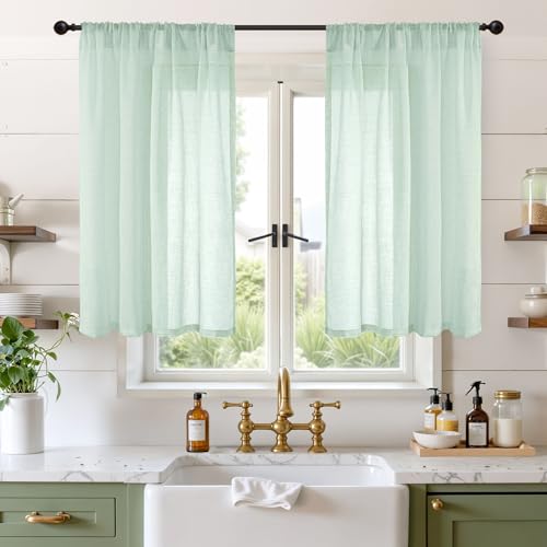 Image of BGment Light Green Linen Curtains 40 Inches Long - Sheer Kitchen Drapes Textured for Short Window with Rod Pocket Lightweight, 2 Panels Set, 42 X 40 Inch