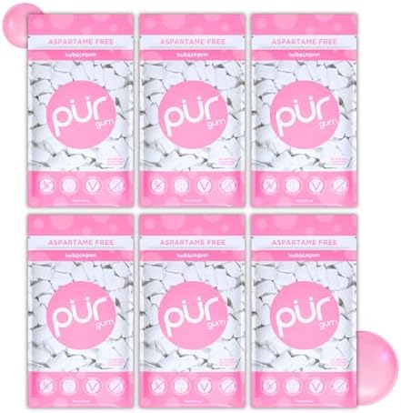 PUR Gum | Zuckerfreier Kaugummi | Mit Xylit | Vegan, Aspartamfrei & Glutenfrei | Natürlicher Kaugummi Mit Bubblegum Geschmack, 55 Stück (6er Pack)
